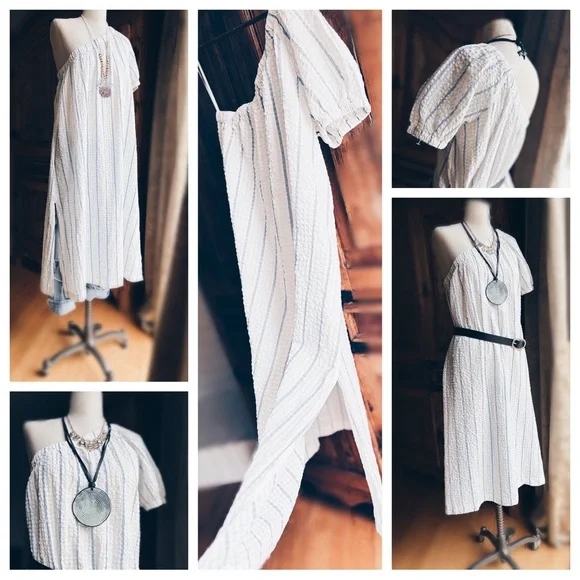 Madewell Seersucker Midi Dress One Shoulder Striped Small NWT - Picture 5 of 16